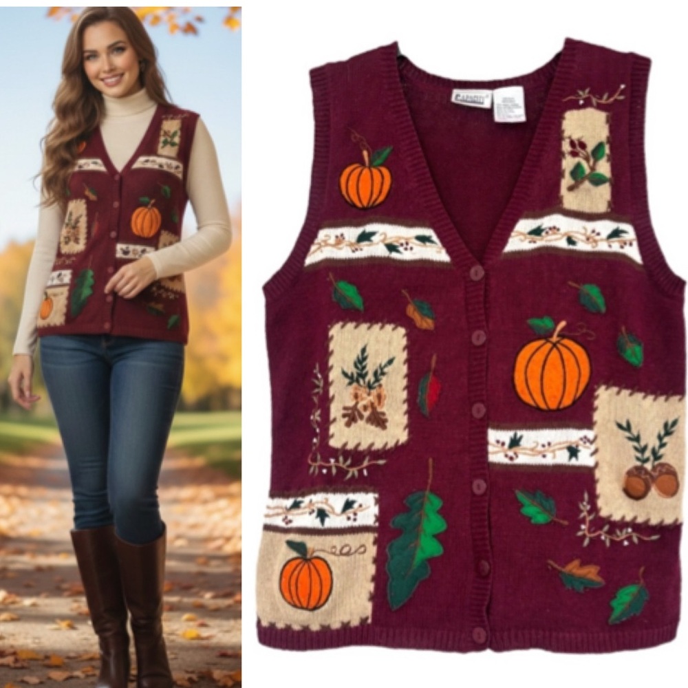 Vintage Sweater Vest Knit Fall Autumn Pumpkin Maroon Burgundy Orange Size Medium